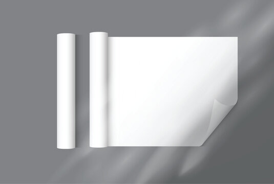 White gift wrapping paper mockup with rolled edge and curved corner with elegant shadow overlay, clean paper texture for gift wrap design, packaging, branding, print, magazines, catalogs or newspapers