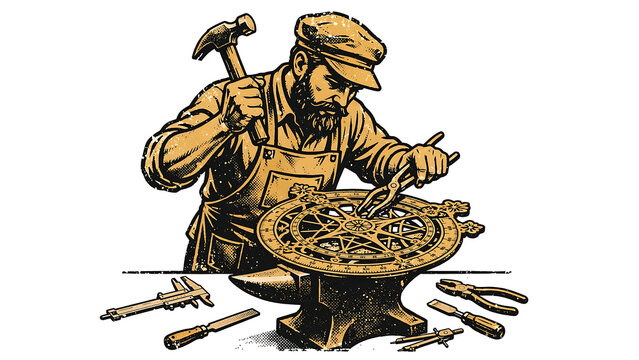 Vector illustration of a skilled blacksmith shaping intricate metalwork at an anvil using a hammer and tongs in a vintage retro style