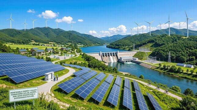 The image showcases a sprawling landscape featuring a hydroelectric dam, a solar power farm, and several wind turbines, all contributing to a sustainable energy future.