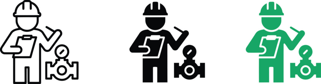 Plumbing inspector with clipboard and pipe valve pressure gauge, safety gear technician icon