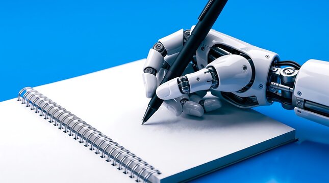 A detailed close-up shot of a human-like robot arm holding a pen poised to write on a white spiral notebook set against a vibrant blue background.