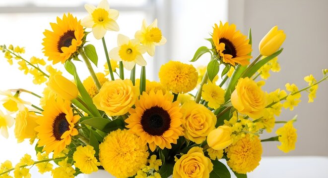 Yellow flower bouquet. Fresh spring floral arrangement with sunflowers and roses.