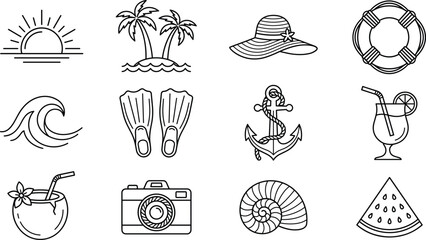 Summer beach vacation and tropical travel line icon set featuring palm trees sea wave anchor camera and cocktail vectors © AKTAR