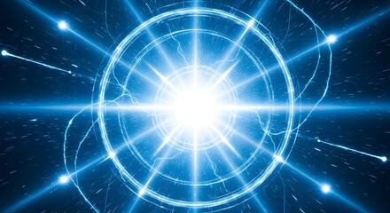 Naklejka premium Abstract blue light explosion background. Glowing energy portal with radial rays and particles.