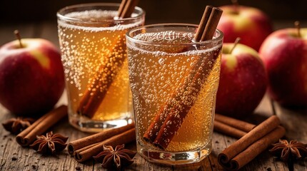 Obraz premium Sparkling apple cider in glass tumblers with cinnamon sticks. Fresh red fruit on rustic wooden table background. Cold carbonated seasonal beverage for autumn holidays. Bubbles in delicious drink