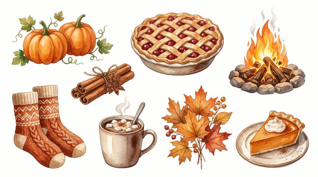 Warm watercolor illustration set of autumn coziness including pumpkins, cherry pie, campfire, wool socks, hot cocoa and pumpkin pie slice.