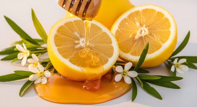 Honey dripping on fresh lemon halves. Organic citrus fruit with sweet syrup and flowers.