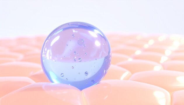 セラミドをイメージした透明ガラスカプセルとハニカム構造の肌バリア背景。高保湿美容液・角層ケア・美容成分・ナノカプセル・スキンケアサイエンス・再生美容・高級化粧品をイメージした背景素材