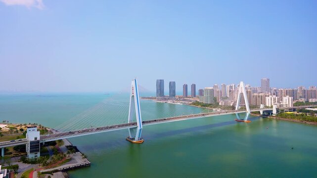 High angle view of the Haidian River Century Bridge in Haikou, Hainan Island, China