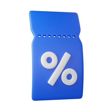 3D blue discount coupon tickets with percent sign, isolated on background. Modern sale promo icon for marketing, promotion, sales, ecommerce banners. 3d render

