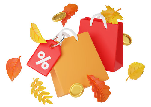 Autumn shopping sale concept with paper bags, red discount percent tag, golden coins and falling fall leaves isolated on background. Seasonal retail illustration for Black Friday, Thanksgiving sale