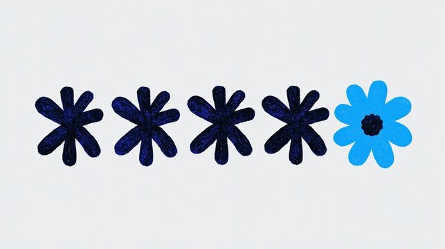 Row of password asterisk stars where the last one blooms, minimalist conceptual illustration