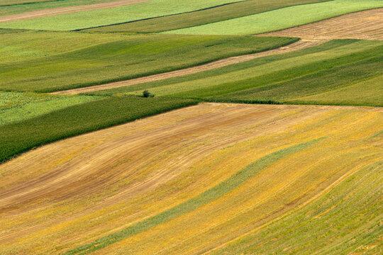 Aerial view of agricultural fields with varied crops, showing green and golden textures, rolling terrain, and distinct soil patterns in Surduk, Vojvodina, Serbia.