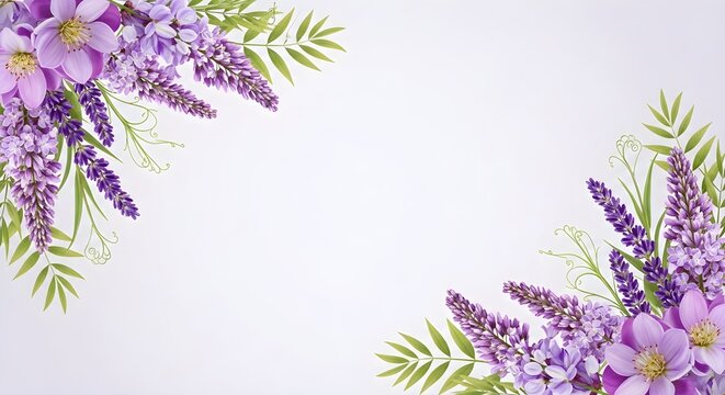 Purple flower border on white background. Floral frame with lavender and spring blossoms.