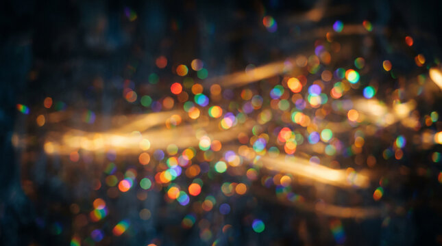 Golden bokeh light trails and sparkles on dark background.