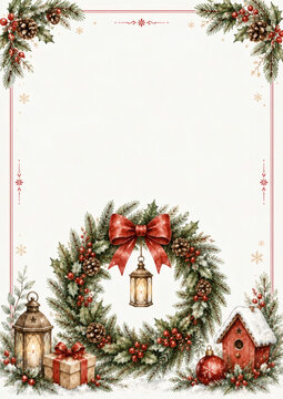 Watercolor Christmas frame with pine branches, wreath, lantern, gift and decorations. Perfect for festive invitations, greeting cards, and winter holiday designs.