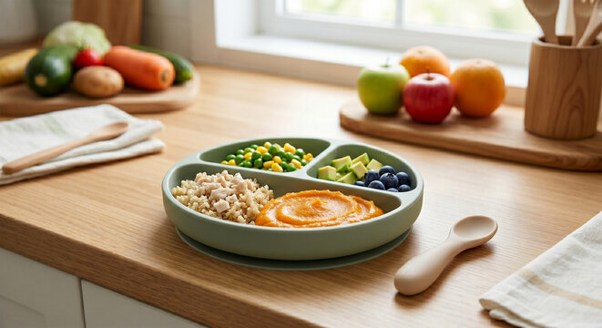 Divided children's plate with balanced meal served on a wooden kitchen countertop. Plate contains vegetable puree, grains, diced poultry, green peas, corn, avocado cubes and blueberries. Baby spoon pl