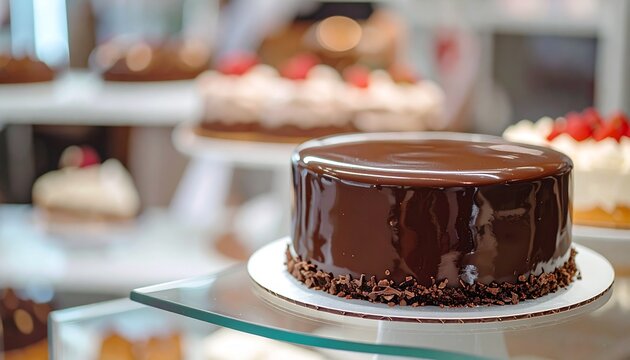 Delicious rich chocolate glaze cake displayed on a stand in a bright bakery showcase
