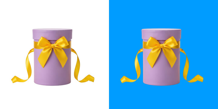 A cylindrical lavender gift box featuring a vibrant yellow silk ribbon bow on a split background