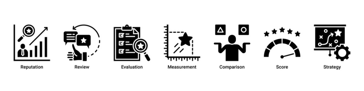 Reputation Analysis web banner icon vector illustration with icons of Reputation, Review, Evaluation, Measurement, Comparison, Score and Strategy