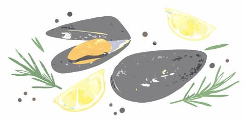 Mussels And Lemon Watercolor Illustration With Rosemary Sprigs © Sukla