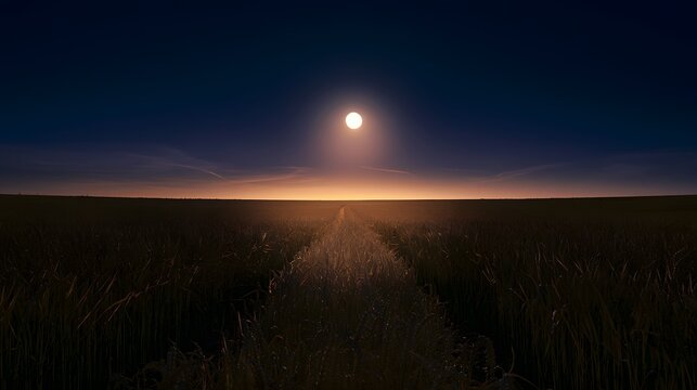 Golden supermoon illuminates tranquil cornfield a serene rural landscape bathed in ethereal light