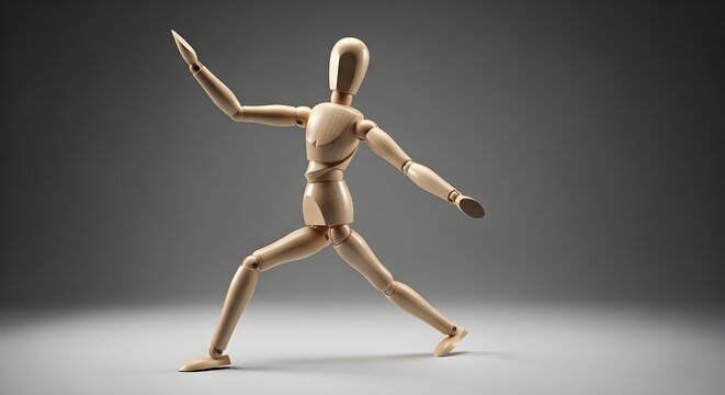 Wooden mannequin in a dynamic pose. Articulated human model for drawing and design.