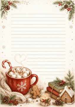 Festive Christmas letter template with hot chocolate, gingerbread, candle, pine branches, and books. Perfect for holiday greetings, invitations, or wish lists.