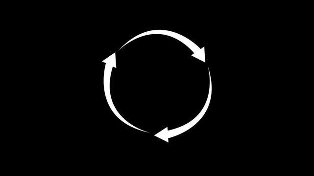 Minimalist white circular loading spinner animation with smooth rotating arrows on a solid black background, for digital interface, user experience ui, and web progress indicators