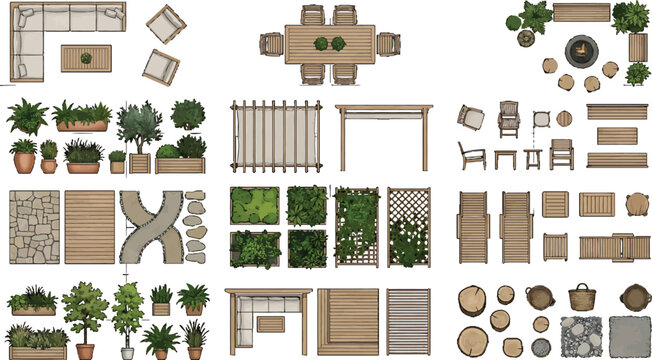 Top view garden furniture and landscape design elements set for architectural site planning and exterior layout projects