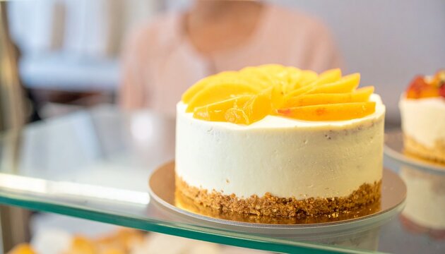 Delicious mango cheesecake topped with fresh fruit slices on display in a modern bakery shop
