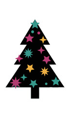 Obraz premium Bold black silhouette of a stylized Christmas tree adorned with geometric stars and sparkle icons, isolated on white. Holiday season concept