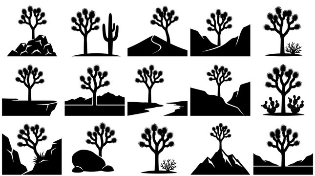 desert plant vector tree silhouette icon set presenting arid wilderness landscapes with rocky mountains canyon cliff and wild yucca flora isolated on white background