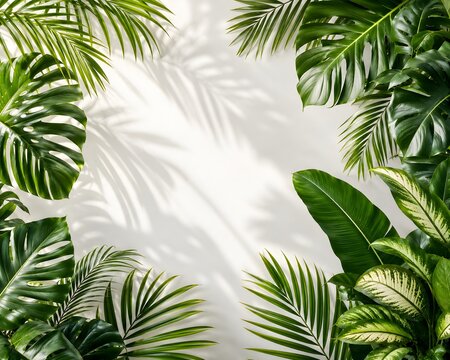 Tropical green palm and monstera leaves border frame on white background with shadow