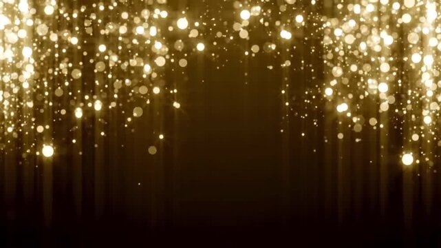 Glowing golden glitter curtain bokeh lights falling frame animated background