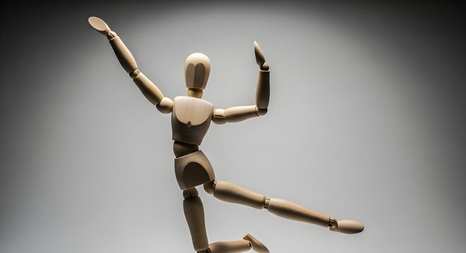 Wooden mannequin in a dynamic dancing pose. Articulated model for drawing and animation.