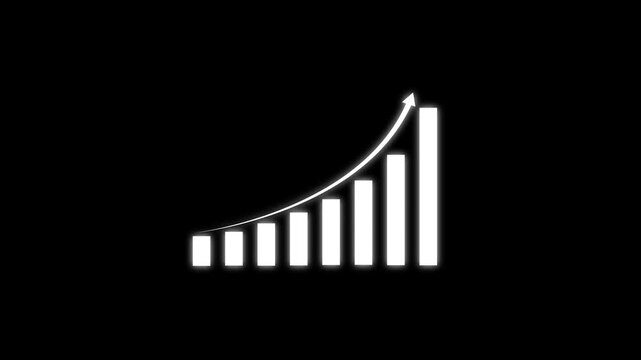 Animated financial growth bar chart with rising trend arrow, glowing white business success infographic, data visualization for corporate presentations, market analysis and economic progress concept