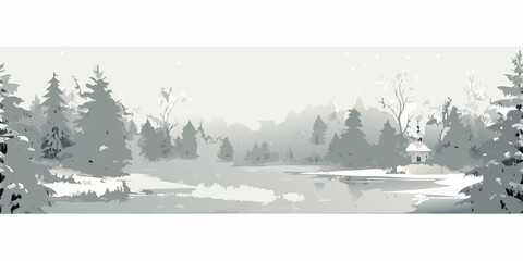 Winter Landscape With Trees And Snow Gray toned Scenic Illustration © Sukla