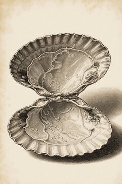 Detailed engraving of opened scallop clam shell. Vintage artistic illustration features classic mollusc anatomy on aged paper background. Delicate hand drawn ink lines define texture of marine