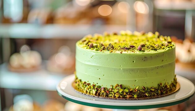 Delightful pistachio cake covered in smooth green frosting and topped with crunchy nuts in a bakery