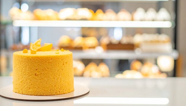 Fresh orange chiffon cake on a white plate in a bright bakery showcase