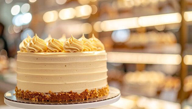 Gourmet Fresh Orange Chiffon Cake with Creamy Frosting in a Bright Modern Bakery Store with Blurred Dessert Shelves