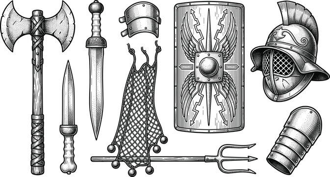 Vintage Roman Gladiator Weapon Vector Set with Detailed Engraving Elements for Antique Armor History Logos, Tactical Apparel, and Ancient Warrior Graphic Designs
