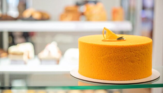 Professional orange caramel cake with smooth frosting displayed in a high-end bakery boutique showcase