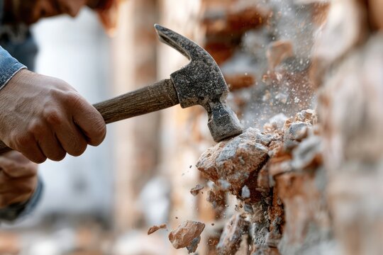 Worker Striking Brick Wall With Sledgehammer