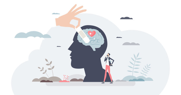 Psychological first aid support, head silhouette shows brain and heart as a hand places a bandage, symbolizing calm care and recovery, objects, brain, bandage, hand, transparent background