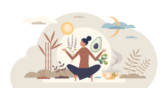 Lower cortisol calm, woman meditating with avocado, lavender and herbal tea beneath sun and moon, expressing stress relief and balanced living, transparent background
