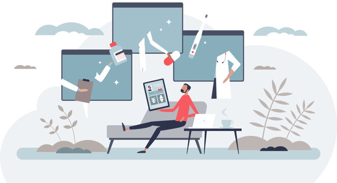 Remote healthcare telemedicine scene showing a patient at home connected to doctors via video, key objects, laptop, tablet, and virtual screens, transparent background
