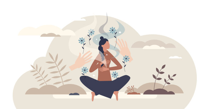 Somatic therapy healing shows a calm woman meditating as supportive hands and flowers symbolize body mind regulation and self soothing, key objects, woman, hands, flowers, transparent background.