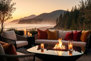 Obraz premium Luxury terrace lounge at sunset features comfortable sofas with pillows, glowing fire pit table. Scenic ocean coastline with mountains, forest forest backdrop creates romantic atmosphere. Elegant